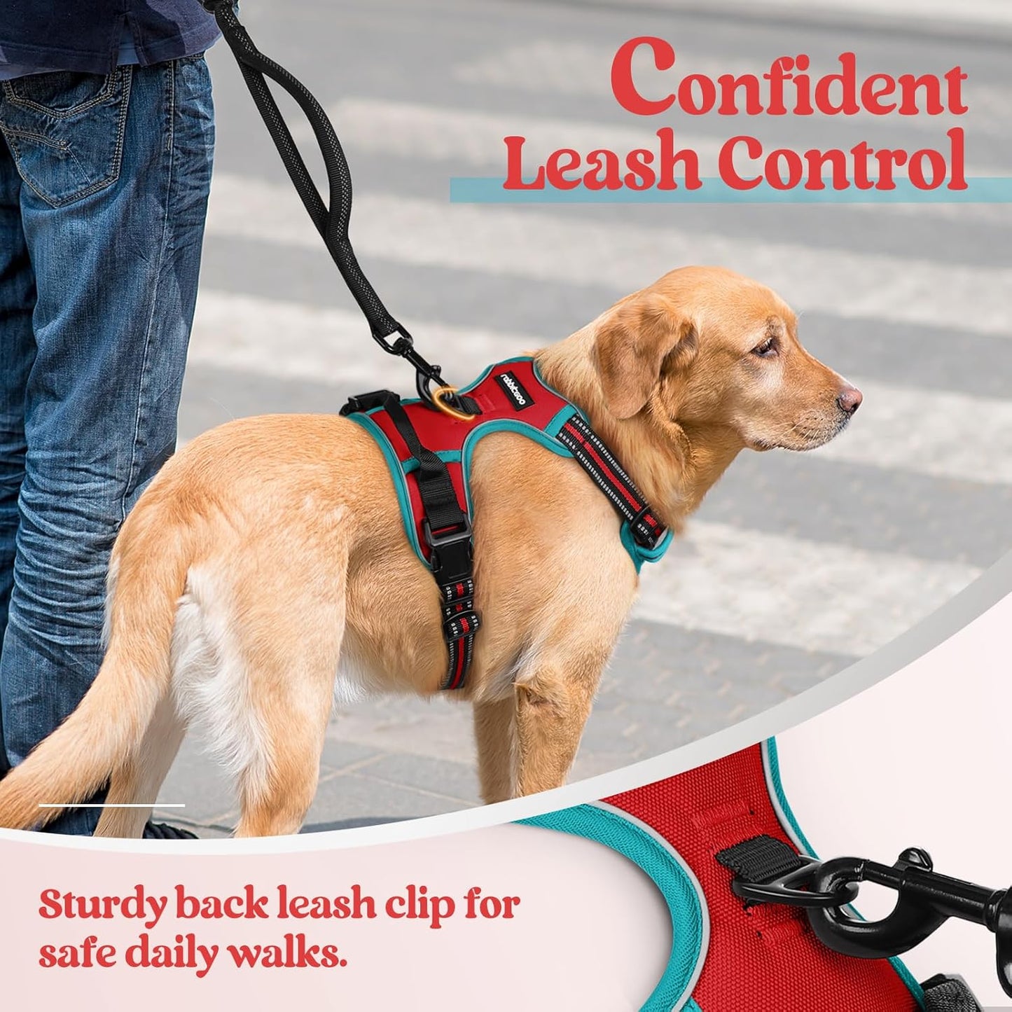 rabbitgoo Dog Harness No Pull with 2 Leash Clips, Adjustable Soft Padded, Reflective Oxford No Choke Pet Vest with Easy Control Handle for Large Dogs, Red & Teal, L