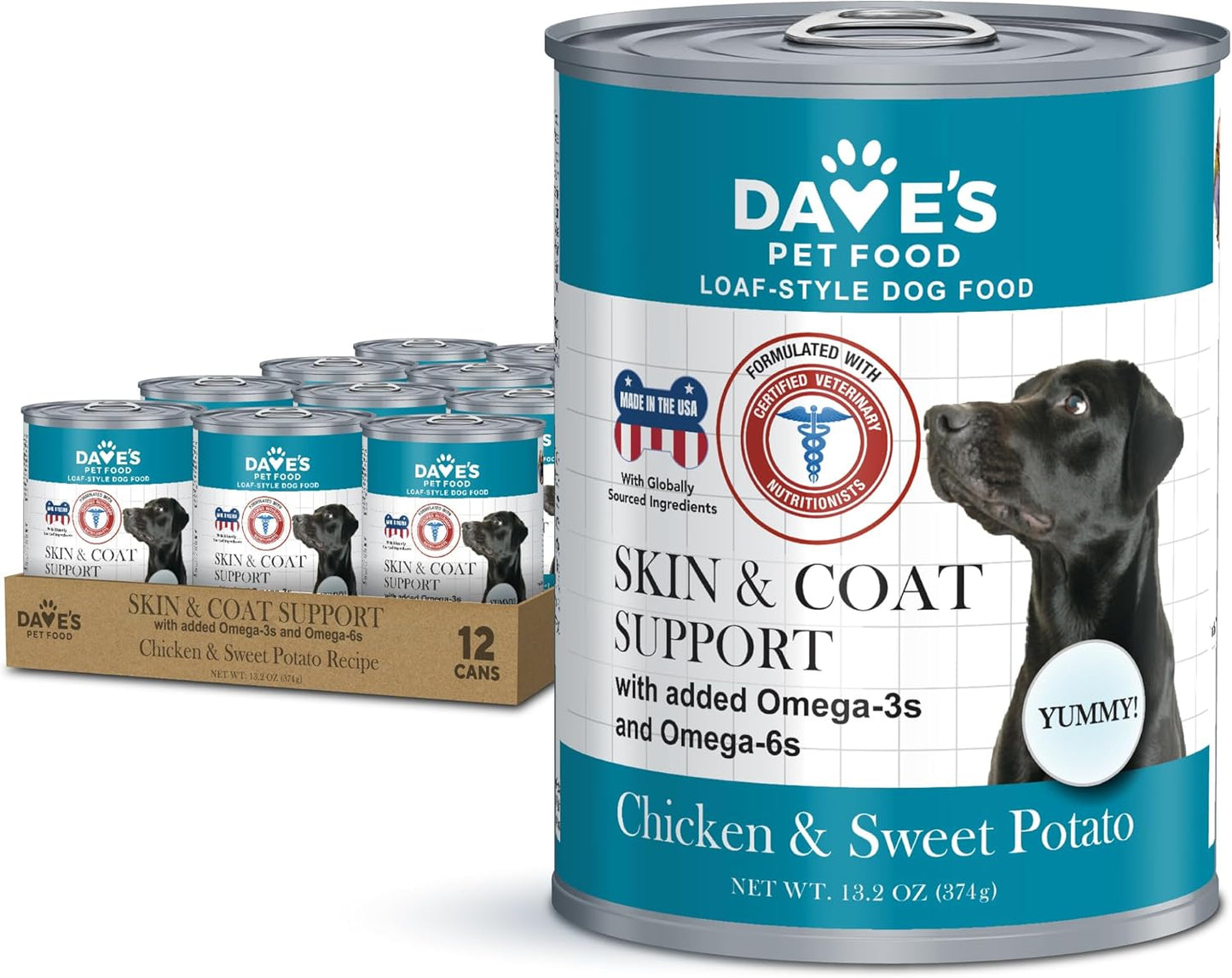 Dave's Pet Food Sensitive Skin Dog Food for Skin and Coat (Chicken & Sweet Potato), Wet Canned, Made in USA, 13.2oz Cans (12 Pack)