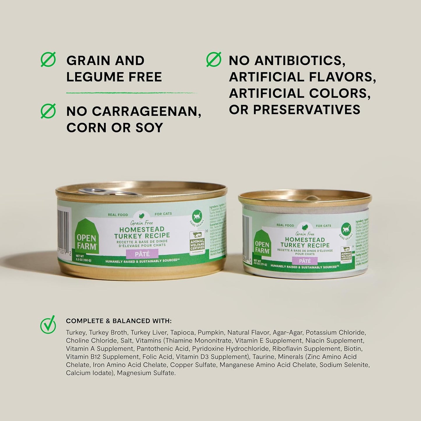 Open Farm Canned Cat Food, Paté for Complete & Balanced Nutrition, Grain-Free and Legume-Free Wet Cat Food, Homestead Turkey Recipe, 2.8oz Cans (Case of 18)