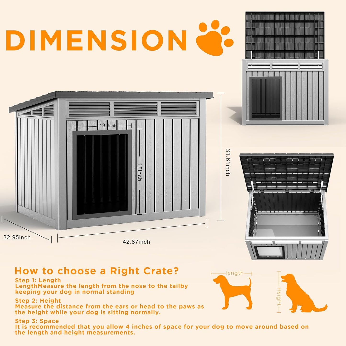 DRATO Dog House for Both Indoor and Outdoor with Weatherproof Roof Removable Floors for Medium to Large Dogs Interior Space (Gray, Large (42.87 * 32.95 * 31.61''))
