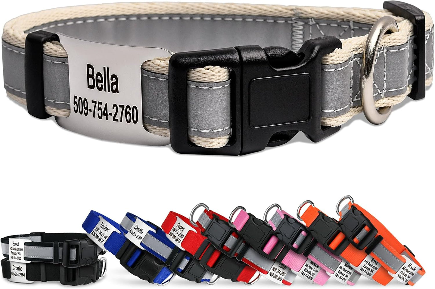 GoTags Reflective Personalized Dog Collar with Nameplate, Adjustable Dog Collar with Custom Engraved Steel Slide On Pet ID Tag, Silent, No Noise Dog Tag for Large Medium or Small (Beige, Medium)