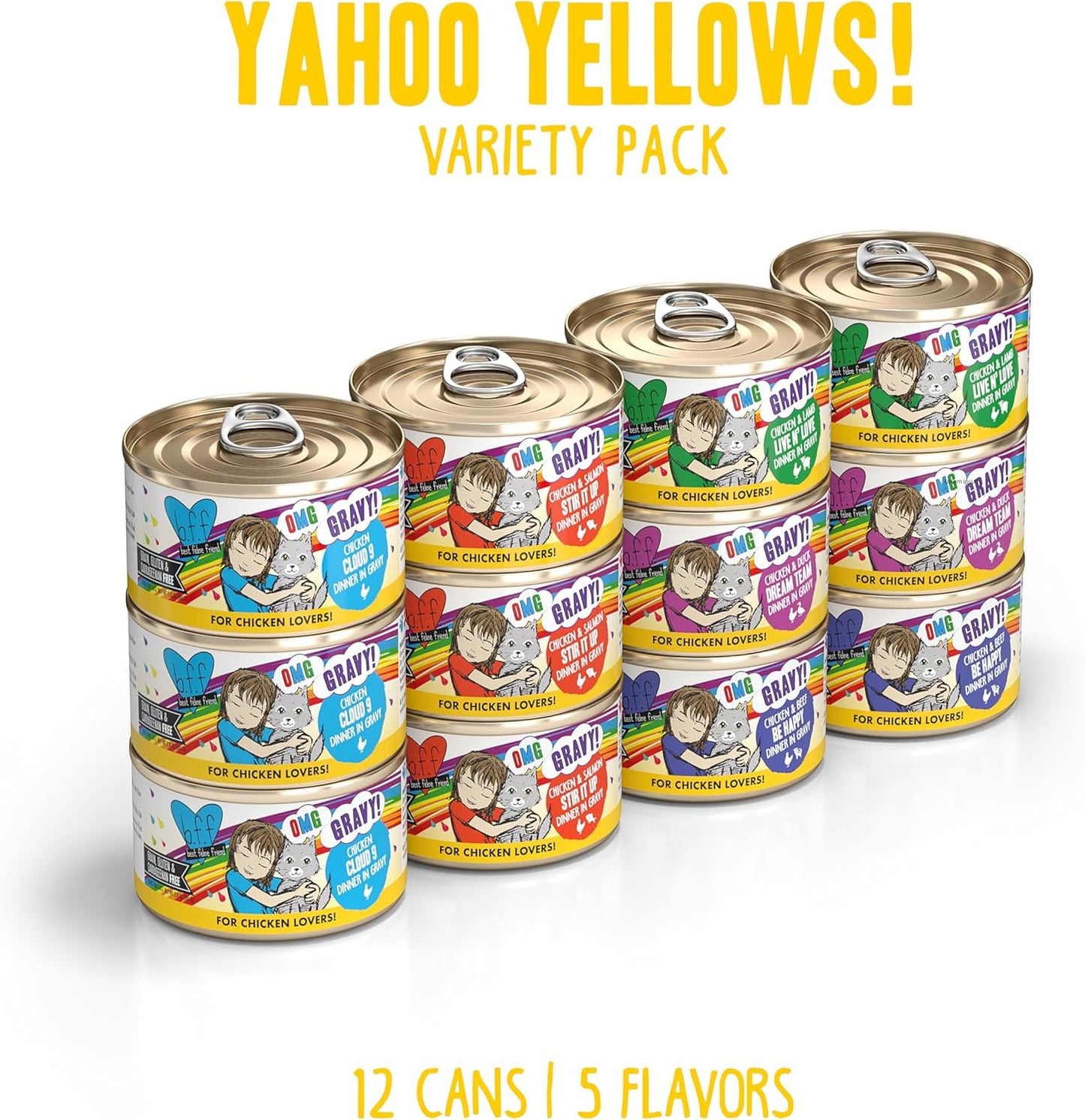 Weruva B.F.F. OMG - Best Feline Friend Oh My Gravy, Yahoo Yellows Variety Pack, 2.8oz Can (Pack of 12)