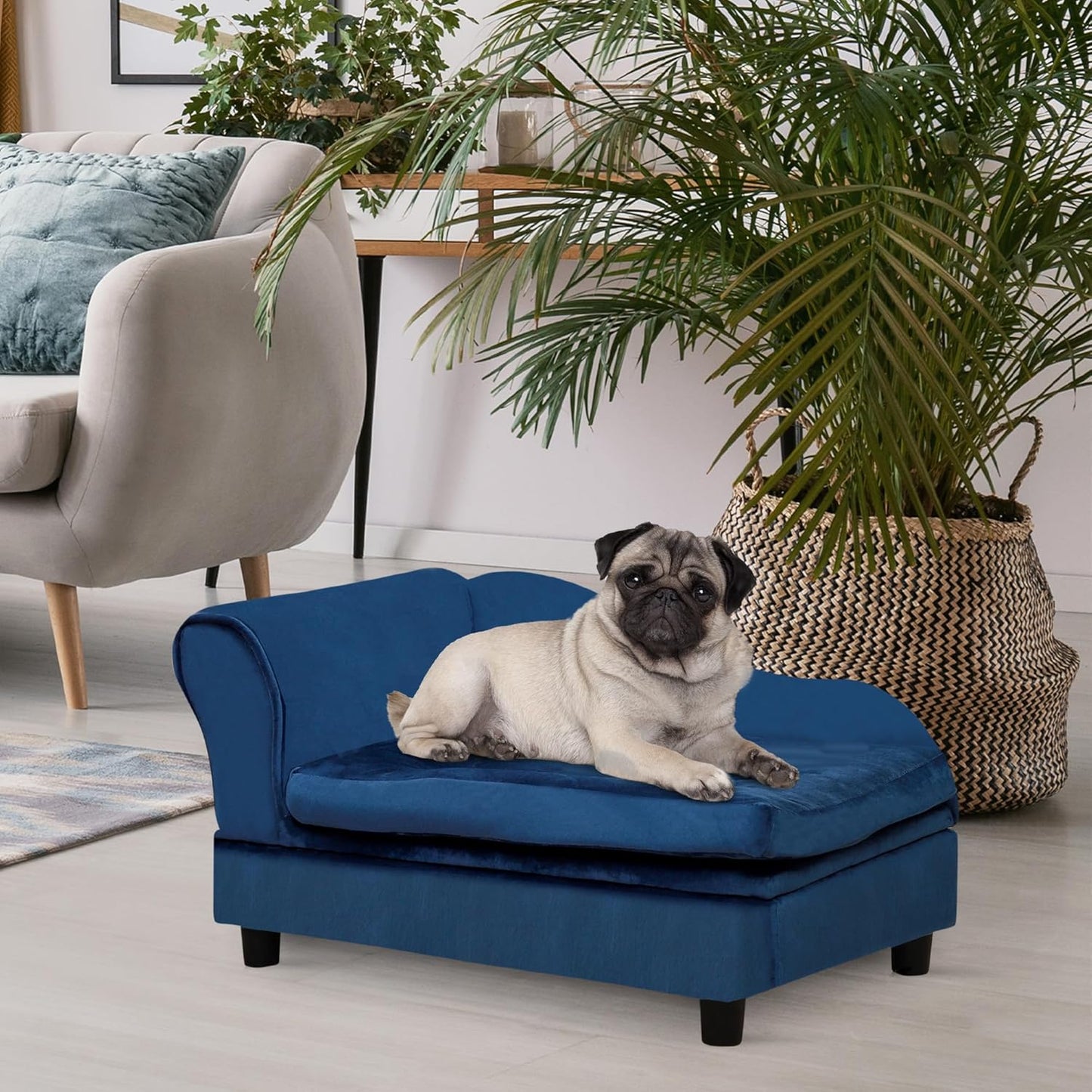 PawHut Luxury Fancy Dog Couch with Hidden Storage, Small Dog Sofa Bed with 2" Soft Foam, Modern Pet Furniture for Puppies & Little Breeds, Blue