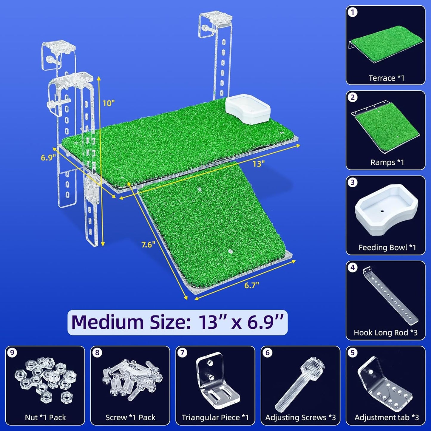 Adjustable Hanging Turtle Dock with Anti-Slip Artificial Grass Basking Platform Sturdy Acrylic Ramp for Aquatic Turtles, Compatible with Various Tank Sizes, Easy Setup Transparent, 13x6.9 Inch