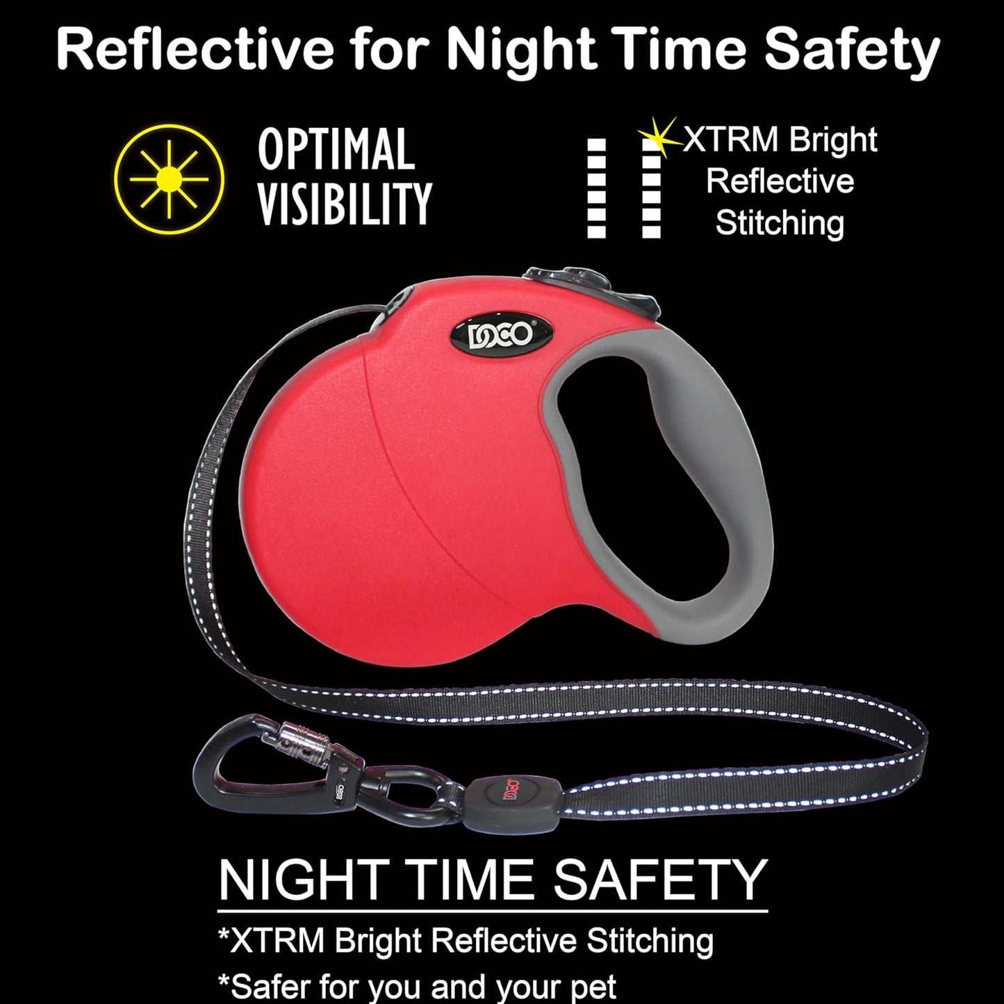 DOCO Retractable Dog Leash for Large Dogs (Length - 16’, Weight - Upto 110lb) Reflective Tape Lead with Stop and Lock Control, Tangle Free 360° Swivel Snap & Anti-Slip Grip (Blue, Large)