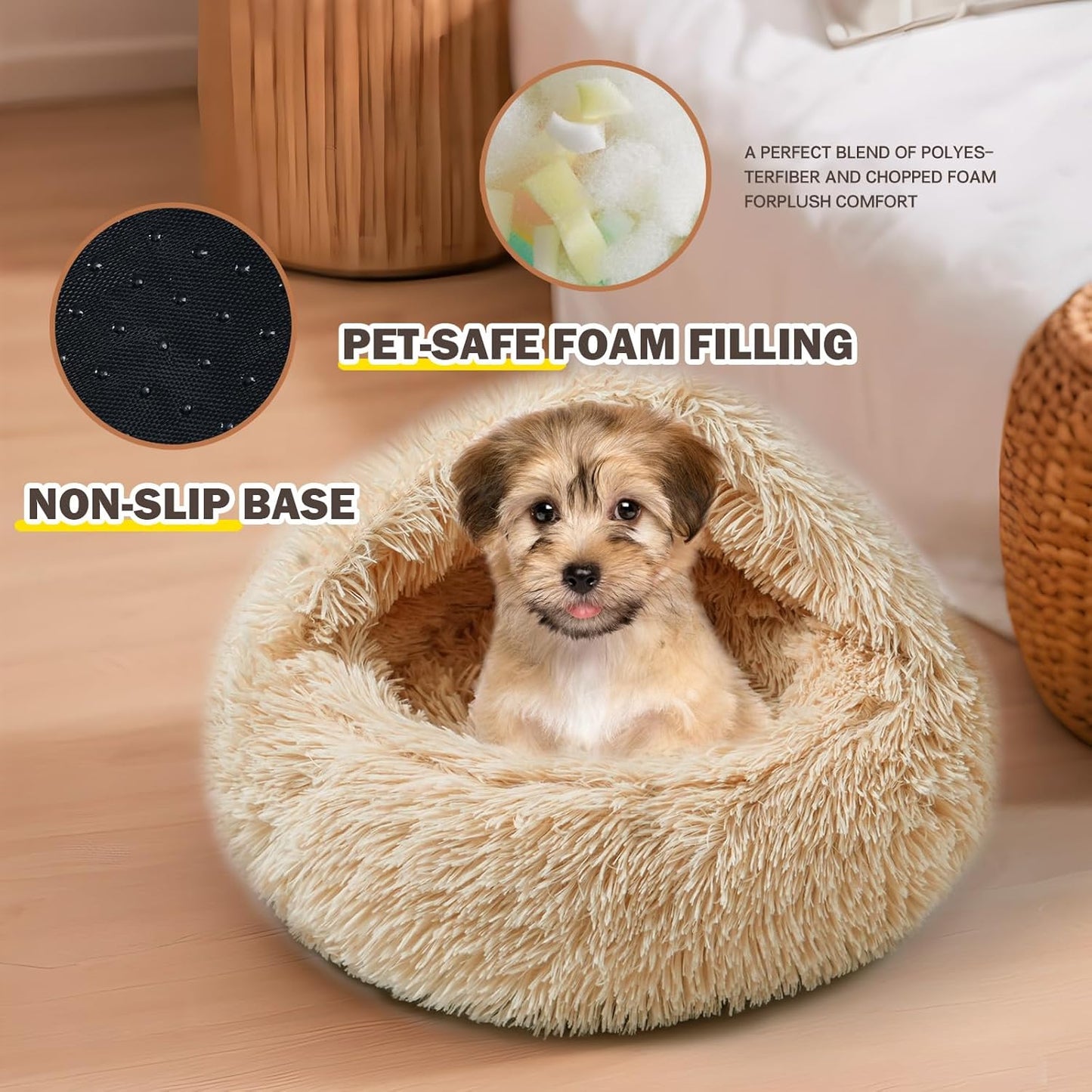 Cat Bed for Indoor Cats, Calming Cozy Cave with Self-Warming Plush, Entire Bed Machine Washable & Anti-Slip Base, Breathable Pet Bed for Small Cats&Dogs All Seasons (Apricot Color, 24 * 24inch)
