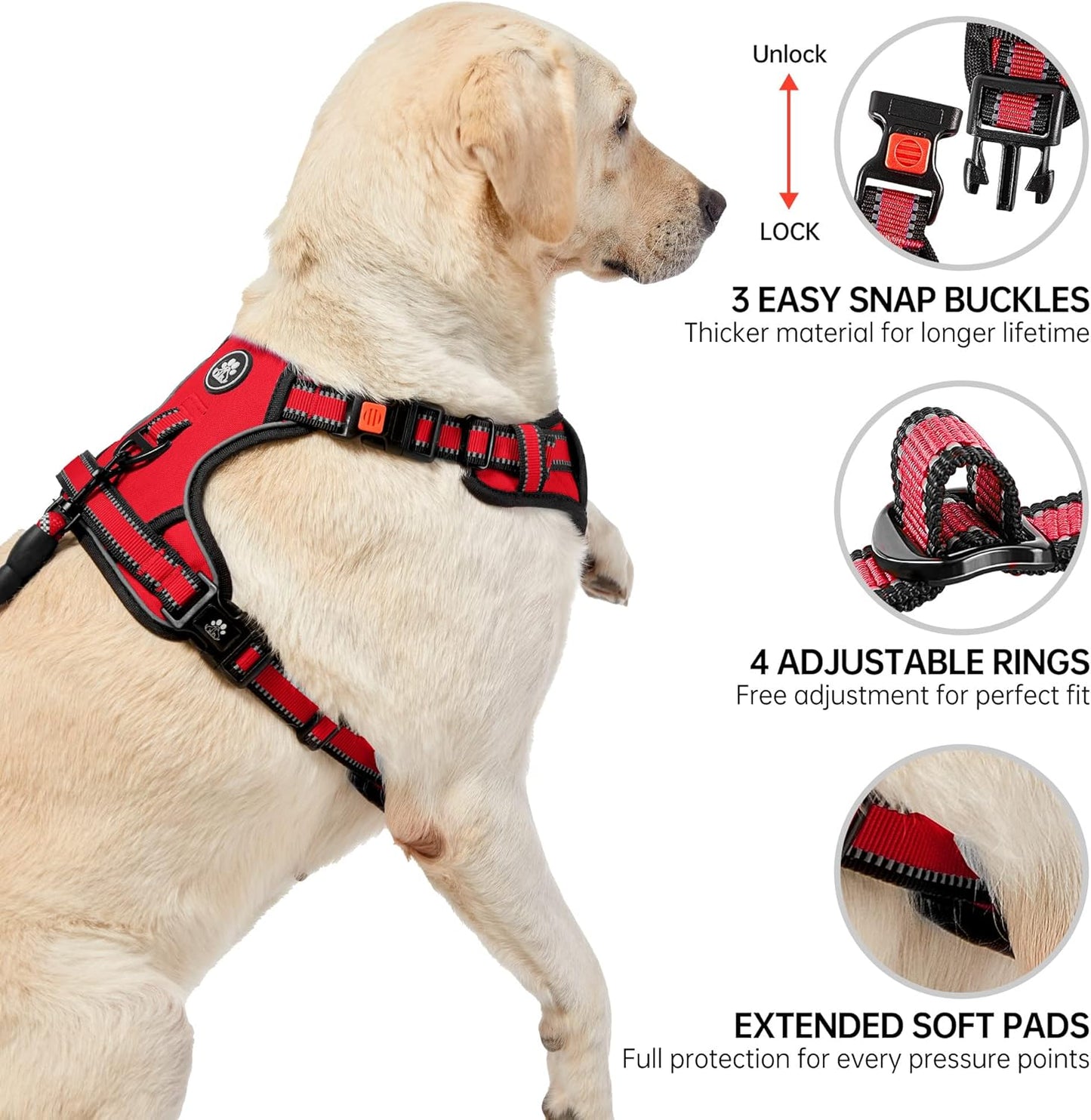 NESTROAD No Pull Dog Harness,Adjustable Oxford Dog Vest Harness with Leash,Reflective No-Choke Pet Harness with Easy Control Soft Handle for Large Dogs(Large,Red)