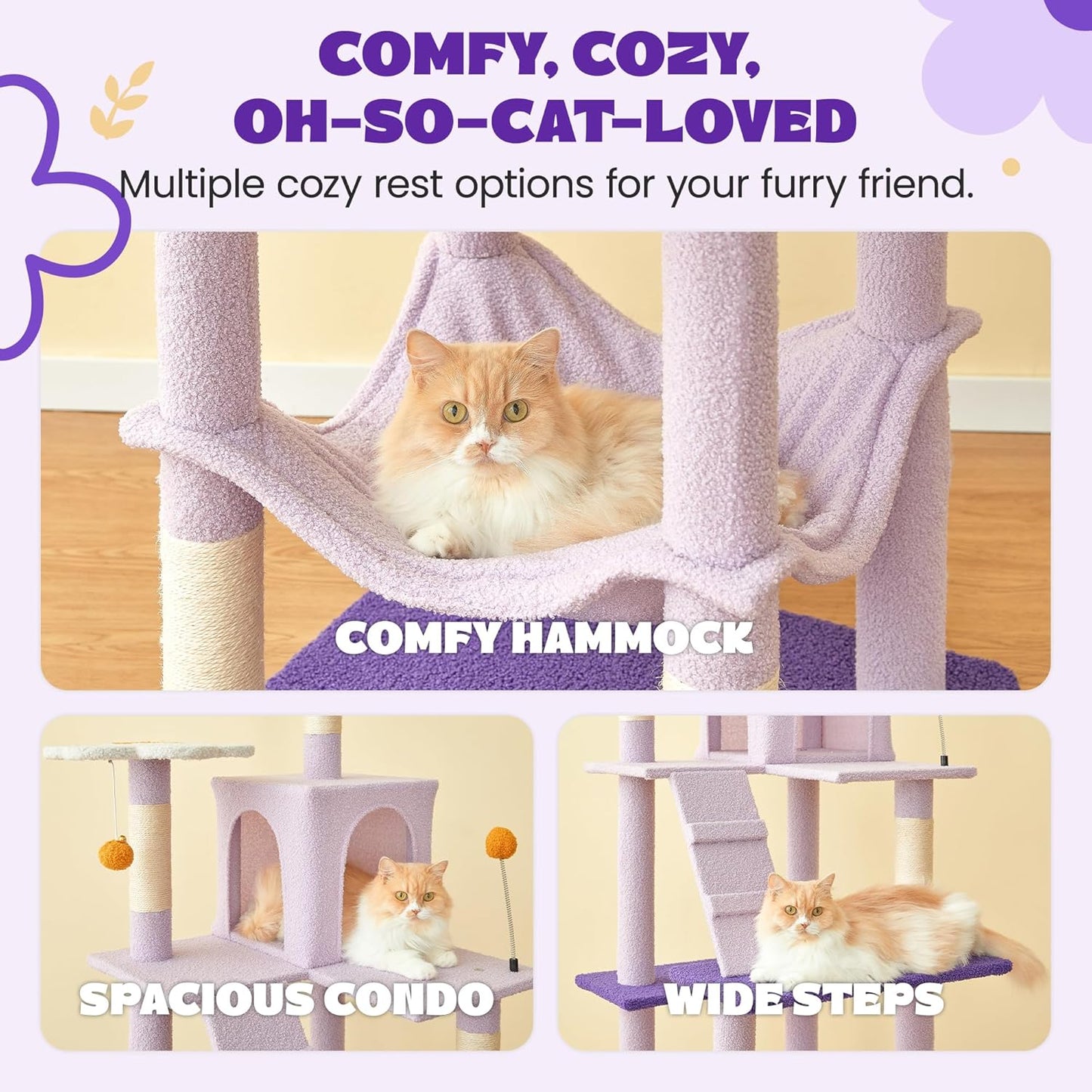 MWPO Flower Large Cat Tree, 70.1-Inch Multi-Level Tall Cat Tower for Indoor Cats, Plush Cat Condo with Big Padded Perches, Sisal-Covered Scratching Posts, Hammock, Toys for Kittens & Cats