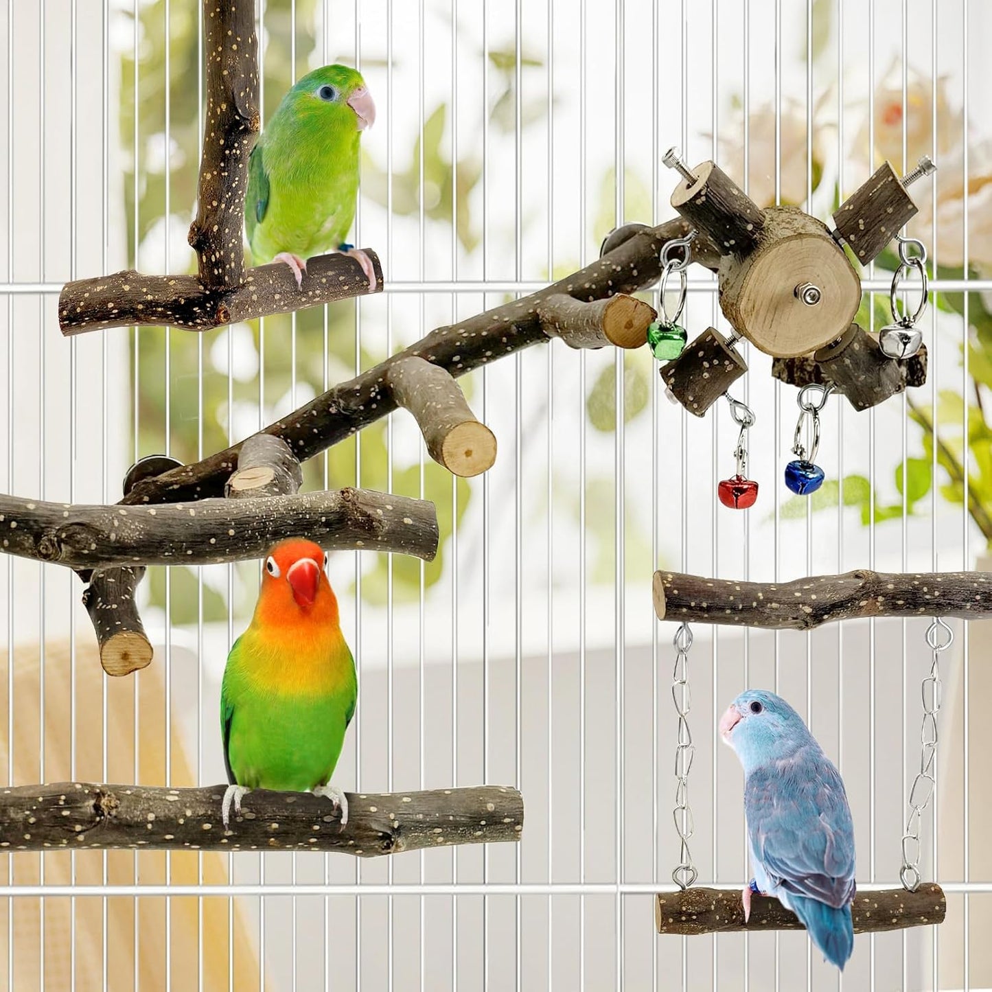 BNOSDM Natural Wood Bird Ladder Perch 6Pcs Parrot Stand Branches Climbing Chewing Stick Parakeet Swing Toys Cage Accessories Paw Grinding Fork Sets for Lovebirds Cockatiels Conure Budgies