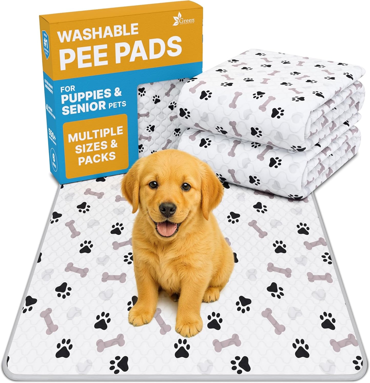 GREEN LIFESTYLE Washable Pee Pads for Dogs - Waterproof Reusable Puppy Pads with Anti-Slip Backing, Pet Training Pad for Puppy Playpen, Crate, Whelping Box, Potty Training (Pack of 6-34x36)