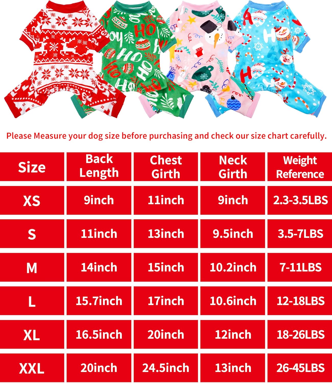 PET SHOW 4 Pack Small Dog Christmas Pajamas Holiday Dog Clothes for Medium Dogs Girl Boy Soft Stretchy PJs Xmas Jumpsuit Puppy Onesies Red Green Outfits with Sleeve Pets Dachshund Costume XL