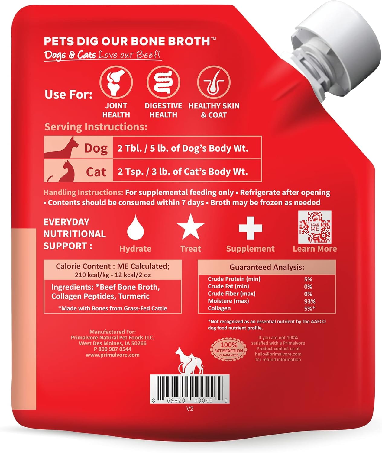 Primalvore Grass-Fed Beef Bone Broth for Dogs &Cats, Mobility Formula w/Collagen Peptides to Help Support Hip & Joints, Digestion, Skin & Coat and Hydration, Human Grade, Made in USA. Beef 6 Pack