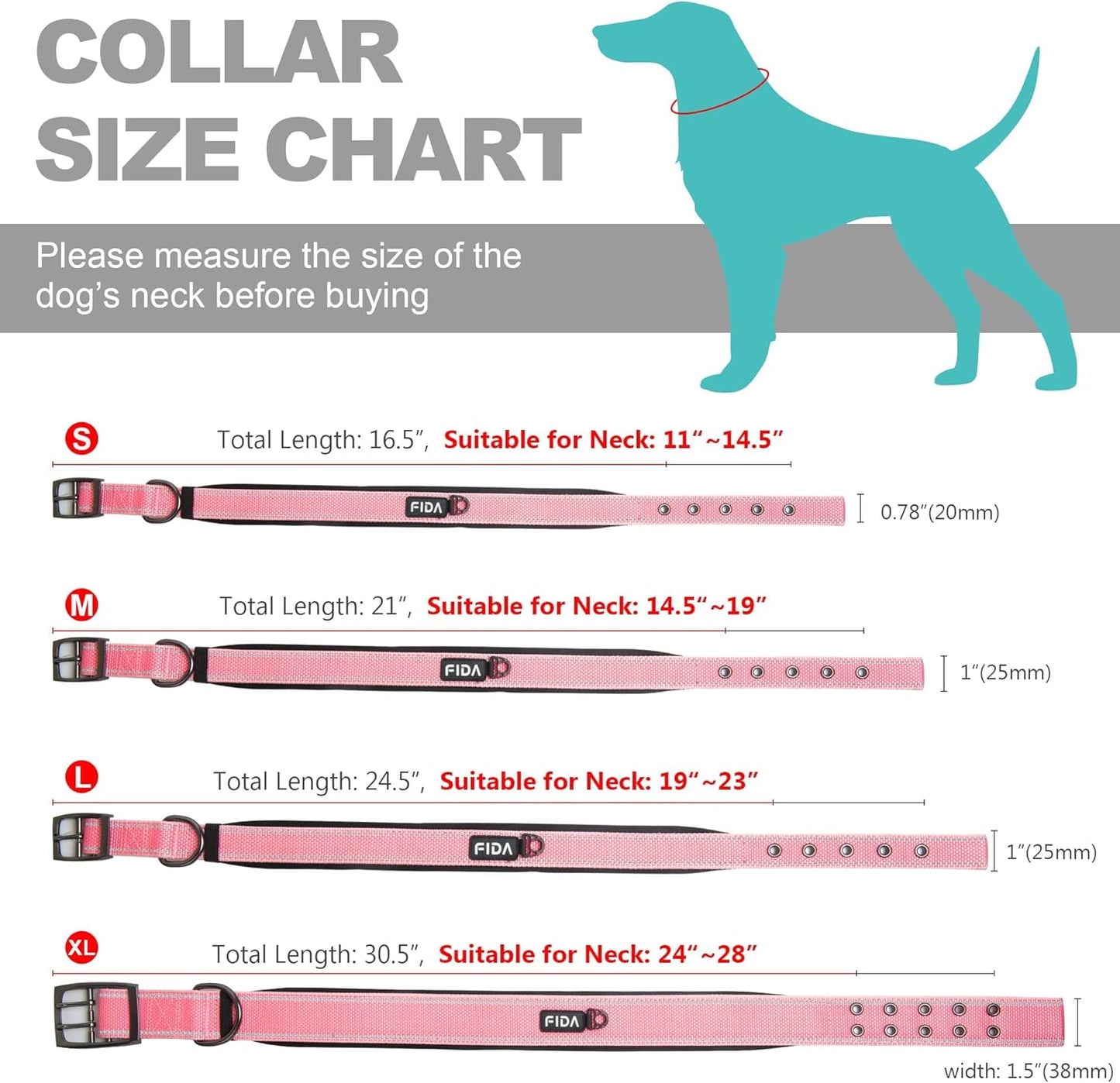 Fida Heavy Duty Dog Collar, Ultra Comfortable Soft Neoprene Padded, Adjustable Reflective Nylon Pet Collar with Durable Metal Belt Buckle for Small Breeds (S, Pink)
