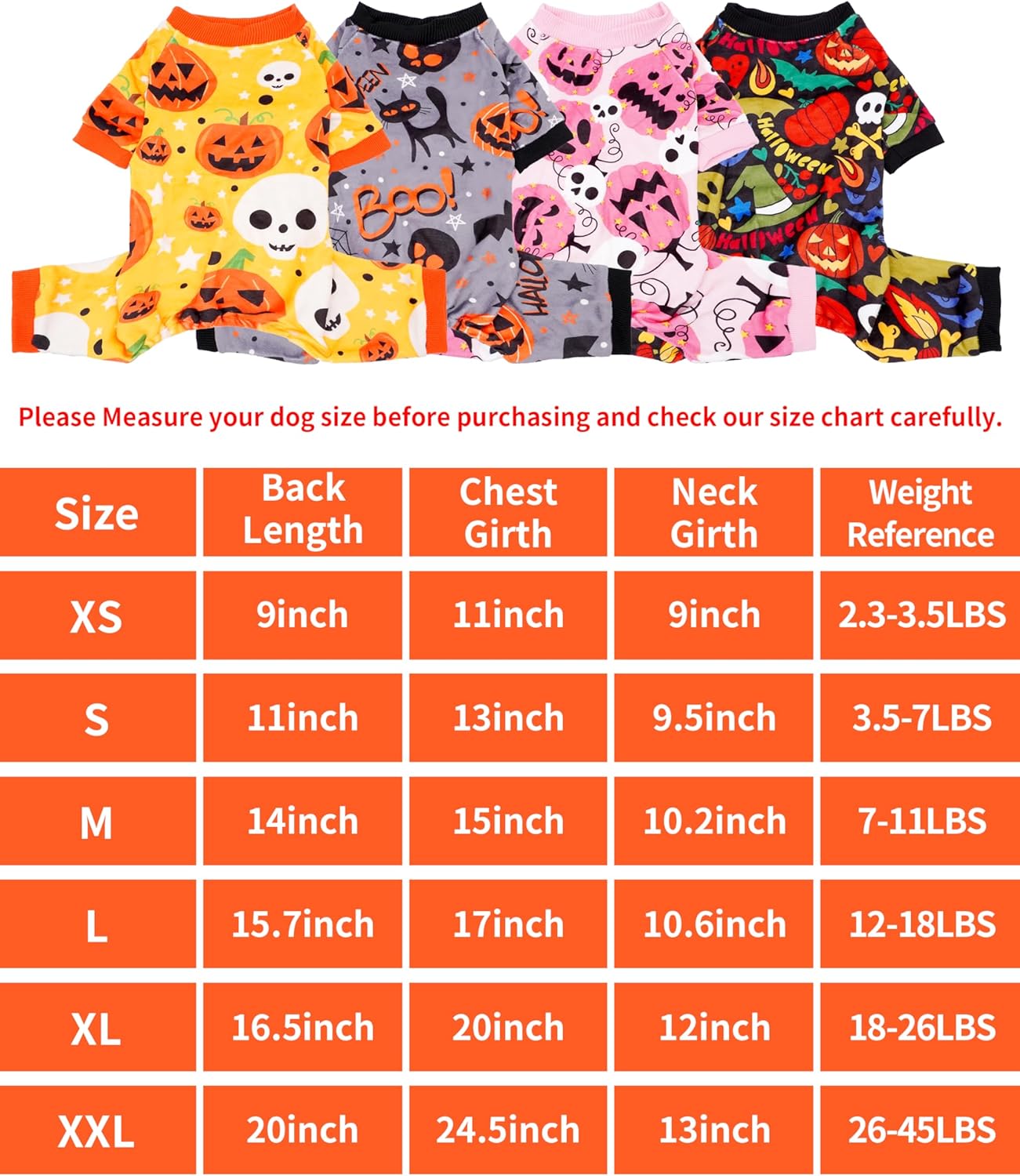 PET SHOW 4 Pack Halloween Dog Pajamas for Medium Dogs Onesie Soft Pumpkin Ghost Soft Fleece Stretchy Jumpsuit Costume Boy Girl Pets PJs with Sleeve Clothes(XXL)