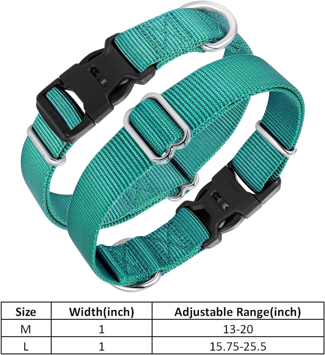 Mikivery Nylon Dog Collar with Quick Release Buckle Soft Adjustable Sturdy for Small Medium Large Dogs Teal,M