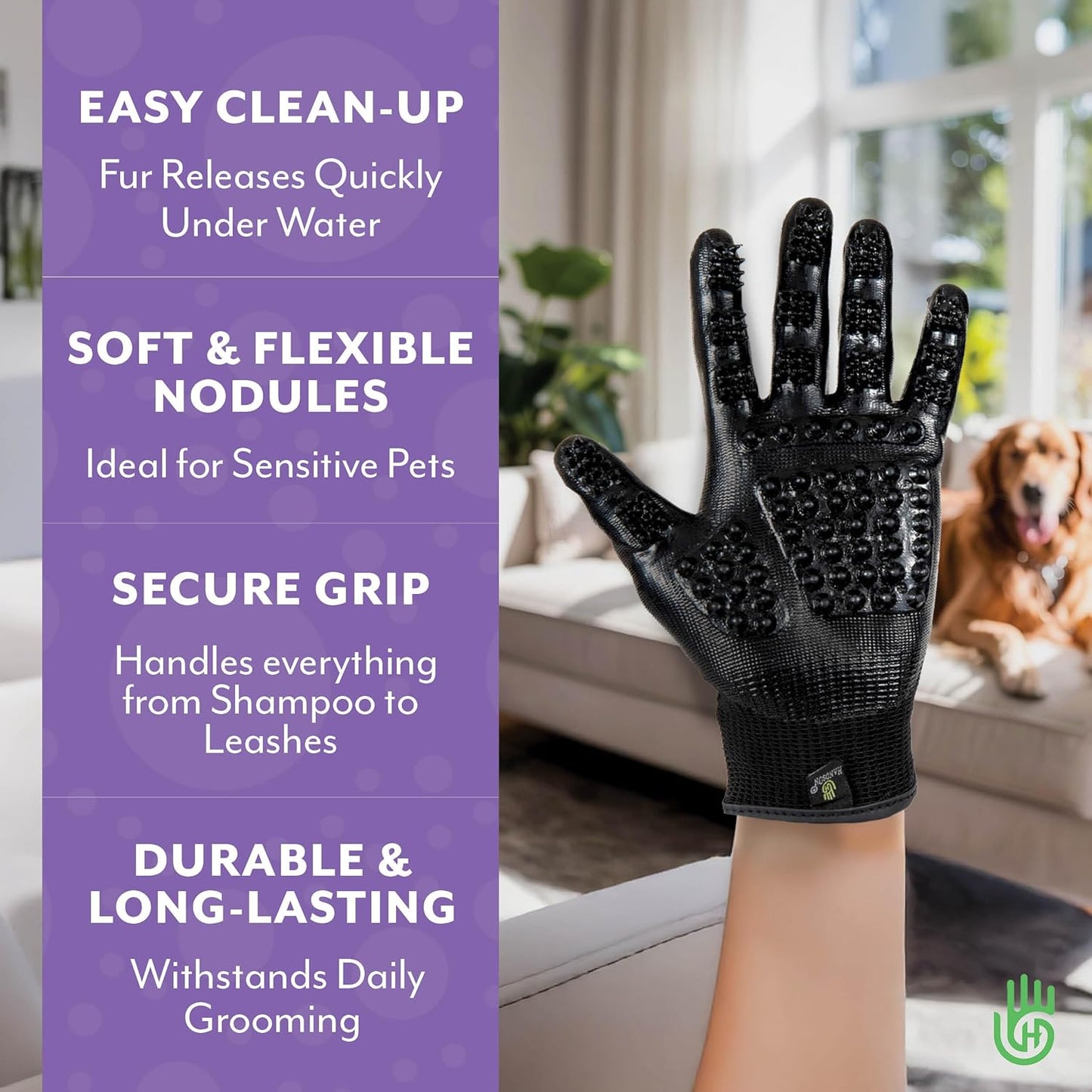 H HandsOn Pet Grooming Gloves - Patented #1 Ranked, Award Winning Shedding, Bathing, & Hair Remover Gloves - Gentle Brush for Cats, Dogs, and Horses (Black, Medium)