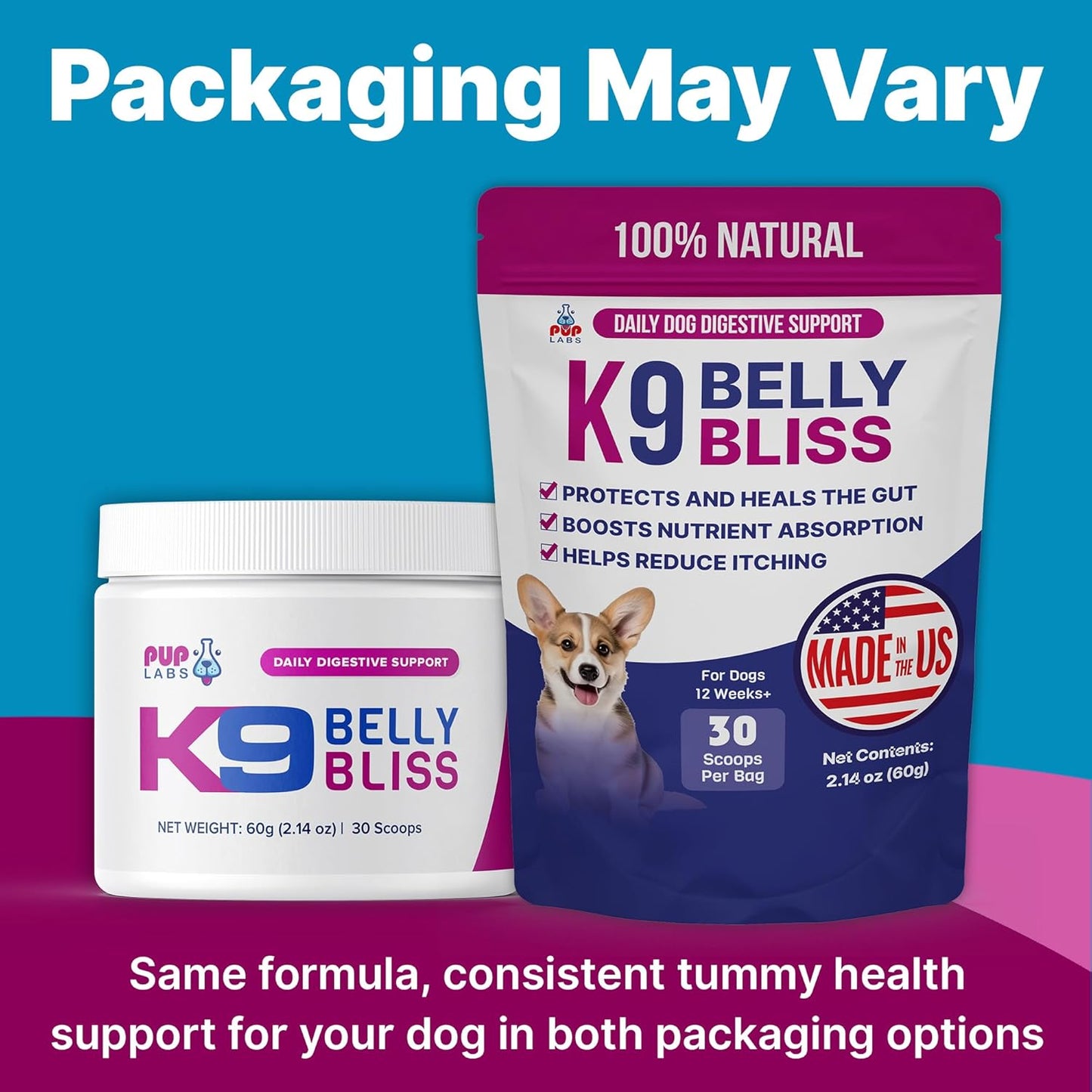 K9 Belly Bliss, All-Natural Gut Health for Dogs, Vet Approved Prebiotic for Dogs for Daily Digestive Support & Dog Constipation Relief, Topper for Dry & Wet Food, 3 Pack with 30 Scoops Each.