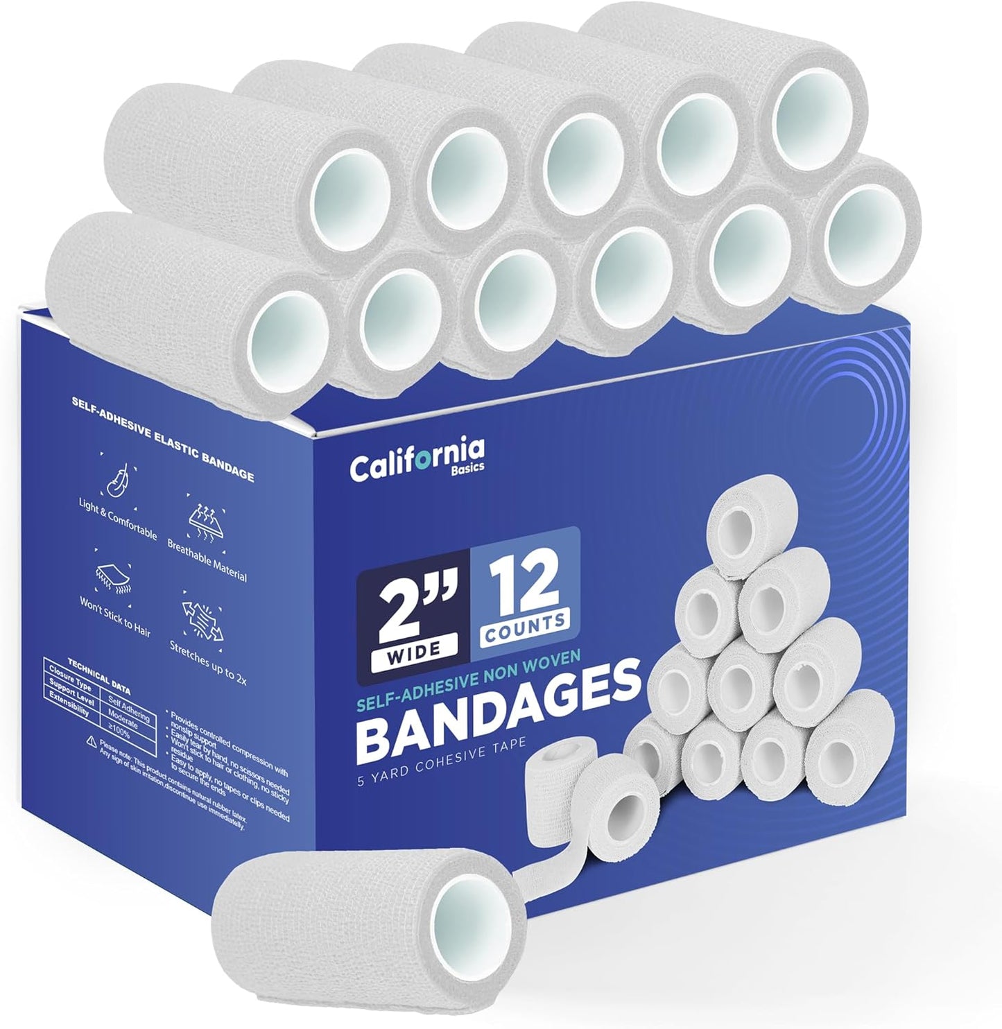 California Basics Self Adhesive Bandage Wrap - Self Adhering Non Woven Cohesive Bandage Rolls - Stretch Wrap - Multi Colored Athletic Tape for Wrist - Waterproof (2 inch- 12 Pack- White)