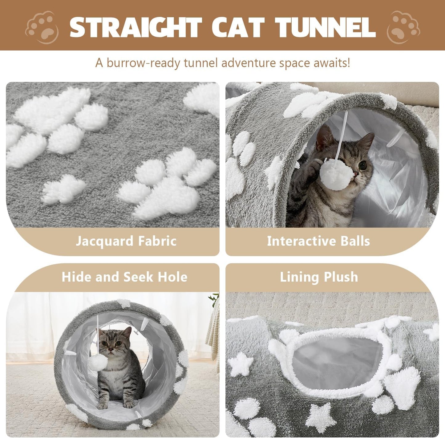 Straight Cat Tunnel for Indoor Cats 47"x12", Cute Cat Toys Collapsible Tunnel Tube with Balls for Puppy Kitten Rabbit, Grey Paw