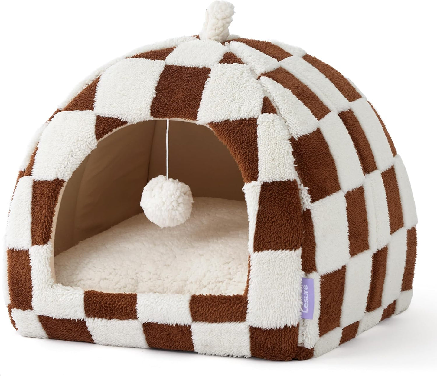 Lesure Cute Cat Beds for Indoor Cats - 2 in 1 Cat Cave Bed for Kittens and Small Pets, House with Removable Washable Cushioned Pillow, Cozy Tent House with Non-Slip Bottom, Brown, 16 inches