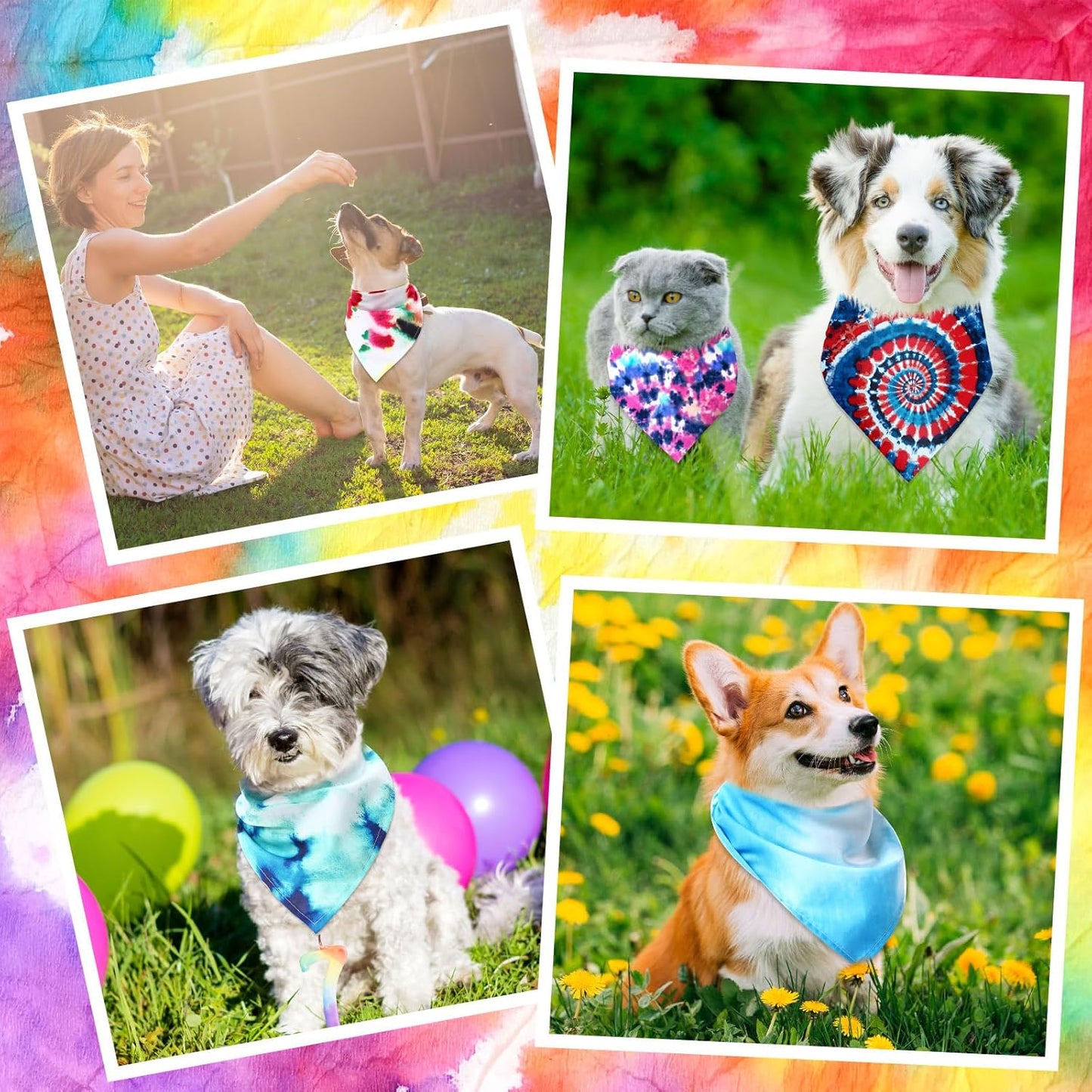 Reginary 72 Pack Tie Dye Dog Bandanas - Bulk Pet Scarf Bibs Triangle Kerchief Adjustable for Pet Grooming Costume Accessories