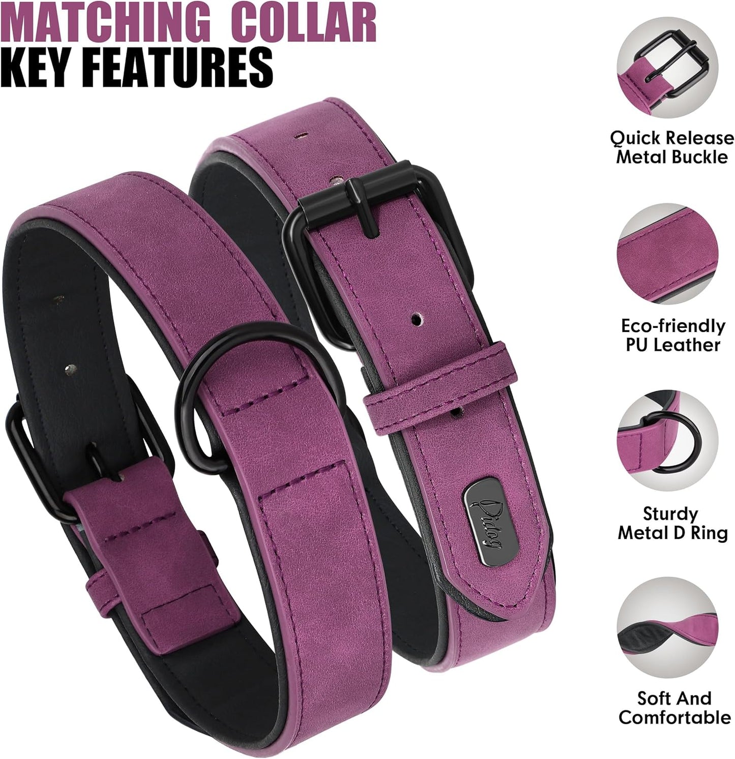 Didog Soft Padded Leather Dog Collar and Leash Set, Heavy Duty Dog Leash and Collar Set with Metal Buckle, Breathable Dog Collars with 4FT Leather Dog Leash for Small Medium Large Dogs, Purple, XL
