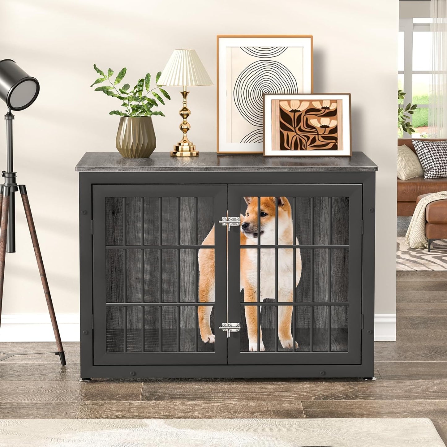 38" Heavy Duty Dog Crate Furniture for Large and Medium Dogs,Wooden Metal Kennel for High Anxiety Dogs, Chew Proof Pet Cage Indoor, Decorative Dog Kennel End Table