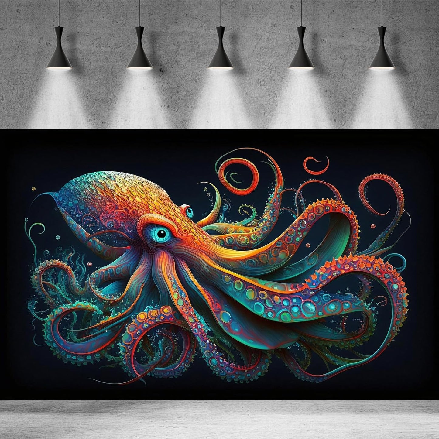 Octopus Aquarium Background Abstract Colorful Octopus Terrarium Background Glowing Octopus on Black Background Fish Tank Backdrop Poster Wallpaper Decorations Vinyl 48x24in