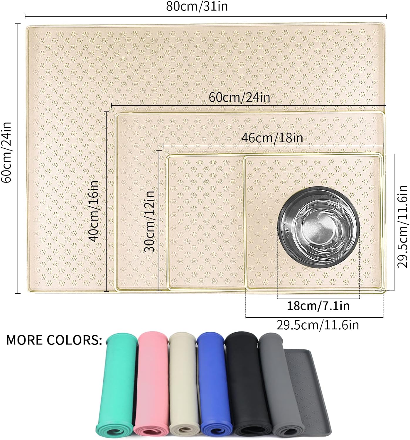 Ptlom Silicone Pet Placemat for Dog and Cat, Waterproof Non-Slip Pet Feeding Bowl Mats for Food and Water, Small Medium Large Tray Mat Prevent Residues from Spilling to Floor, Beige, 18" 12"