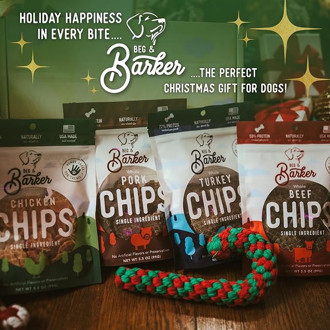 Beg & Barker Jerky Chips for Dogs Variety (3.5oz, Pack of 4) - Single Ingredient Dog Treats Made for Small and Large Dogs Protein Human Grade Dog Treats Made from Real Meat, Made in USA