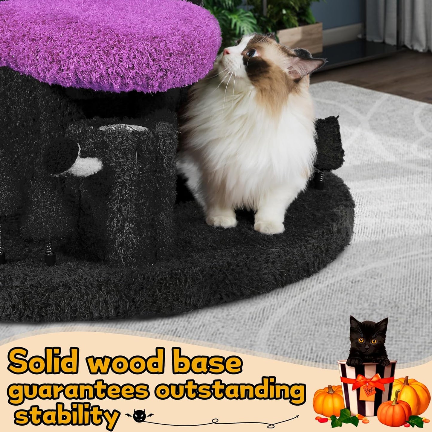 Super Large Cat Tree for Indoor Cats, All-in-One Tall Cats Tower with Scratching Post, Luxury Multi-Level Solid Wood Cat Condo for Multi-Cat Families (Purple)