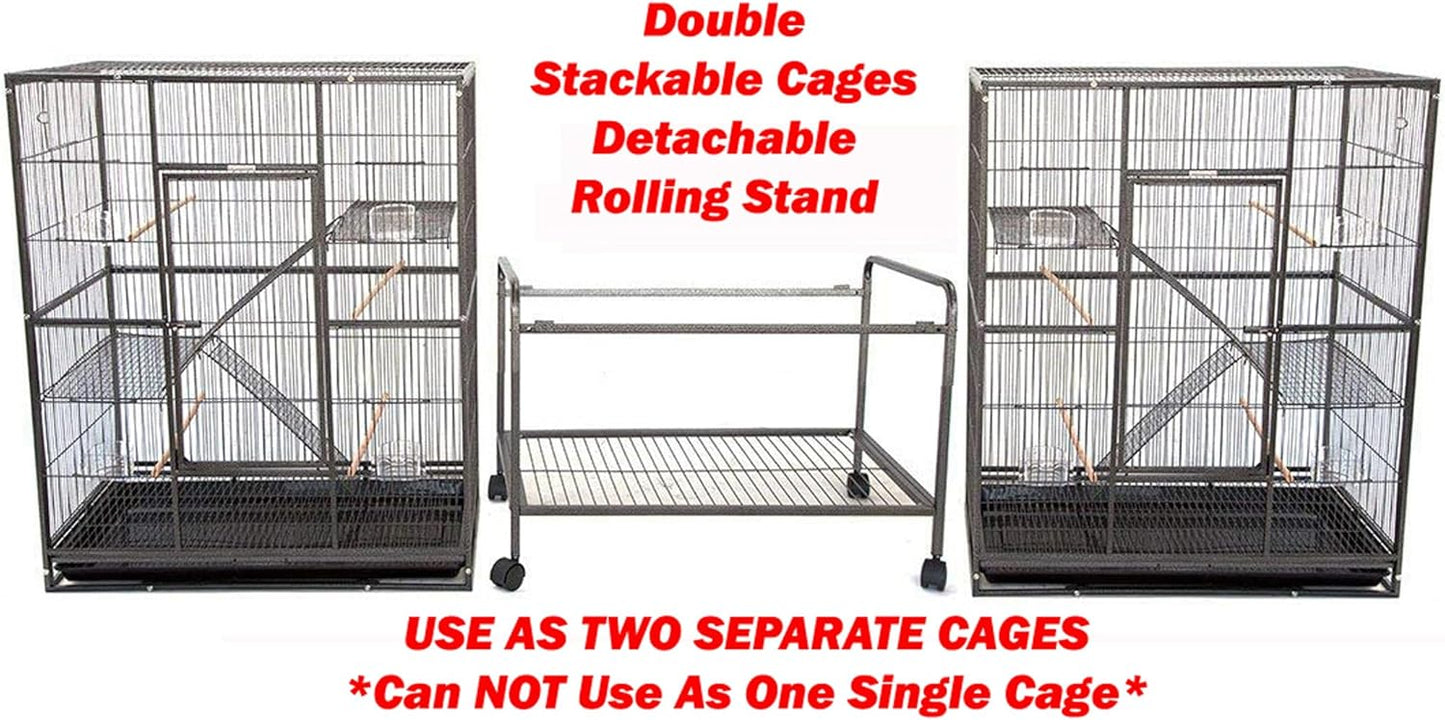 Large Double Stacker Breeding Flight Bird Wrought Iron Double Parrot Bird Separate Breeder Cages Side Nesting Box Doors Easy to Clean Bottom Grates and Trays Removable Rolling Stand