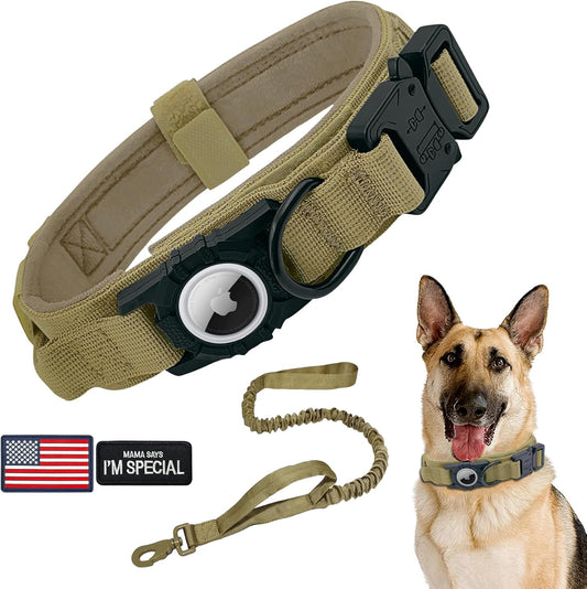 Tactical AirTag Dog Collar Leash Set - Heavy Duty, Adjustable GPS Collar Compatible with Apple AirTag, with Holder & Control Handle for Medium/Large Dogs [ Brown, L ]
