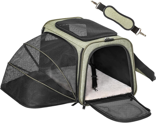 Petsfit Expandable Cat Carrier Dog Carrier,Airline Approved Soft-Sided Portable Pet Travel Washable Carrier for Kittens,Puppies,Removable Soft Plush mat and Pockets,Locking Safety Zippers
