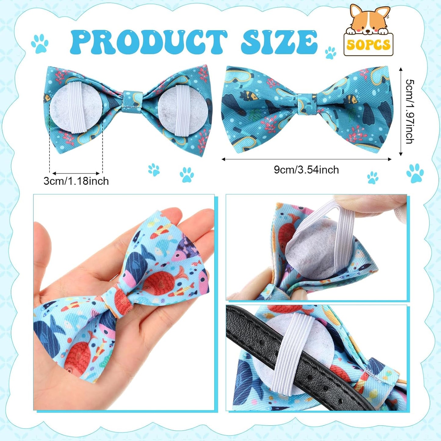 Reginary 50 Pieces Dog Bow Ties Pet Collar Bow Puppy Collar Attachment with Rubber Bands for Small Medium Cat Pet Grooming Charms Accessories Wedding Birthday Occasion(Sea Style)