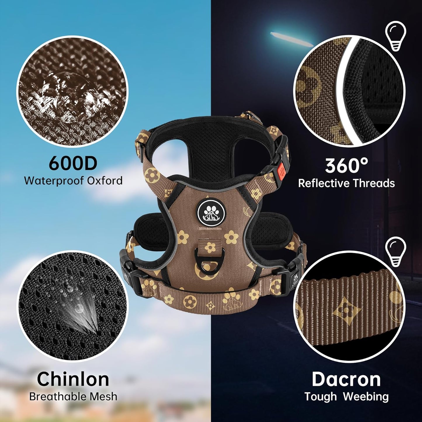 NESTROAD No Pull Dog Harness,Adjustable Oxford Dog Vest Harness with Leash,Reflective No-Choke Pet Harness with Easy Control Soft Handle for Large Dogs(Large,Dark Brown)