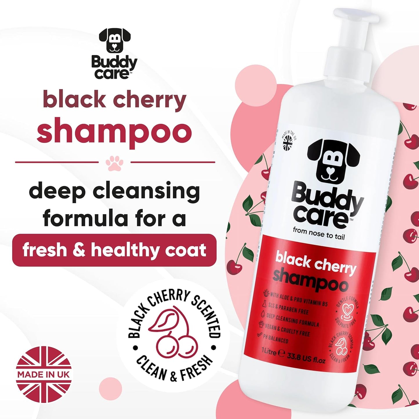 Black Cherry Dog Shampoo by Buddycare | Deep Cleansing Shampoo for Dogs | Black Cherry Scented | with Aloe Vera and Pro Vitamin B5 (33.8oz)