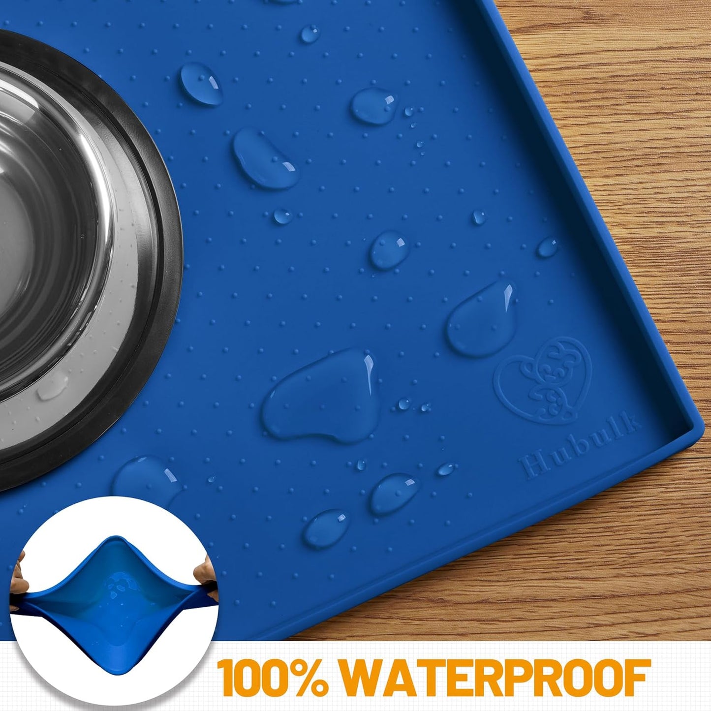 Hubulk Dog Feeding Mat,100% Waterproof Food Grade Silicone Pet Food and Water Bowl Placemat,Dishwasher, High Raised Edge to Prevent Spills,Nonslip Tray to Stop Messes on Floor (19"x12"x0.5", Navy)