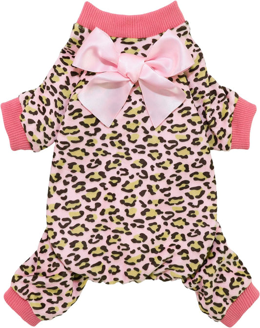 Fitwarm Leopard Dog Pajamas, Fleece Dog Clothes for Small Dogs Girl with Legs, Pet Onesie, Cat Outfit, Pink, Large