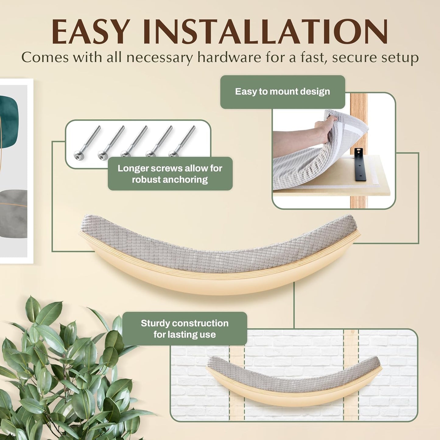 Extra Large 23.6”×14.6” CALLICO HAVEN- Stylish Cat Wall Shelves with Curved Design, Modern Wall-Mounted Cat Tree Hammock with Soft Cushion, Sturdy/Hidden Mounts, Washable Cover, Sleek Design -C Shape