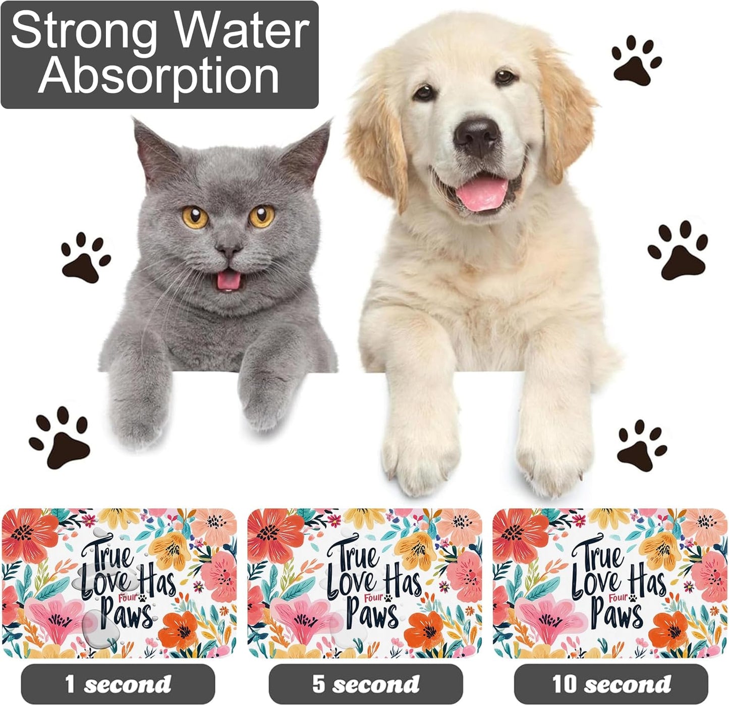 True Love Floral Dog Cat Food Mat-Absorbent Placemat for Food and Water Bowl, Waterproof Non Slip Rubber Backing Dog Food Mats for Floors, Pet Supplies 12 * 20 inch