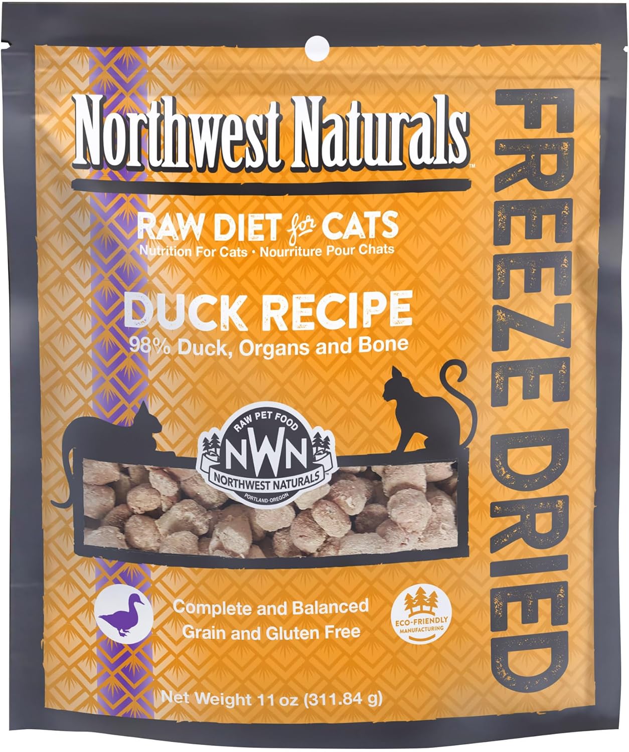 Northwest Naturals Freeze-Dried Duck Cat & Kitten Food, Grain-Free, Bite-Sized Nibbles. Healthy, Limited, Human-Grade Ingredients, Complete & Balanced, All-Natural, High-Protein Diet, USA Made, 11 oz