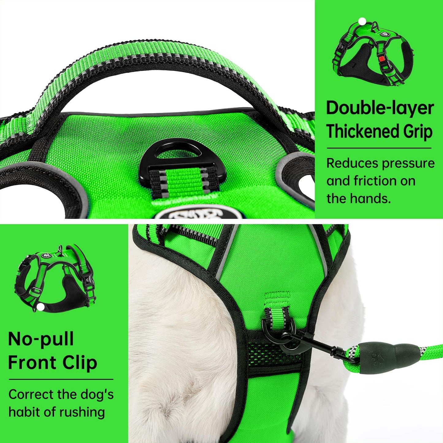 IVY&LANE No Pull Dog Harness for Large Dogs, Dog Vest Harness with Leash, Safety Belt and Storage Strap, Fully Adjustable Harness, 360° Reflective Strip, Soft Handle (Green, XL)