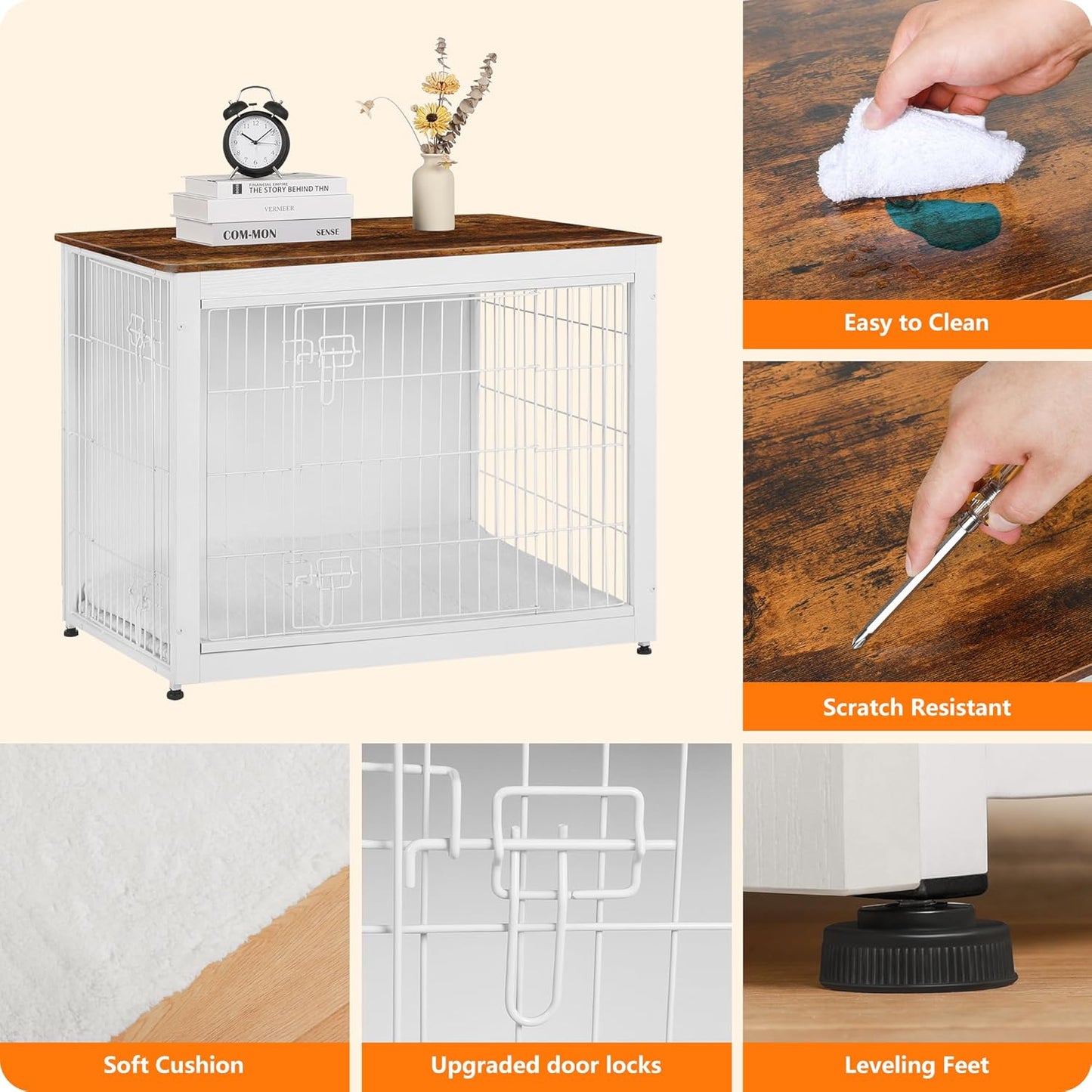 DWANTON Dog Crate Furniture with Cushion, Wooden Kennel Table with Double Doors, Indoor Dog House, Large Size, 38.5" L, White+Rustic Brown