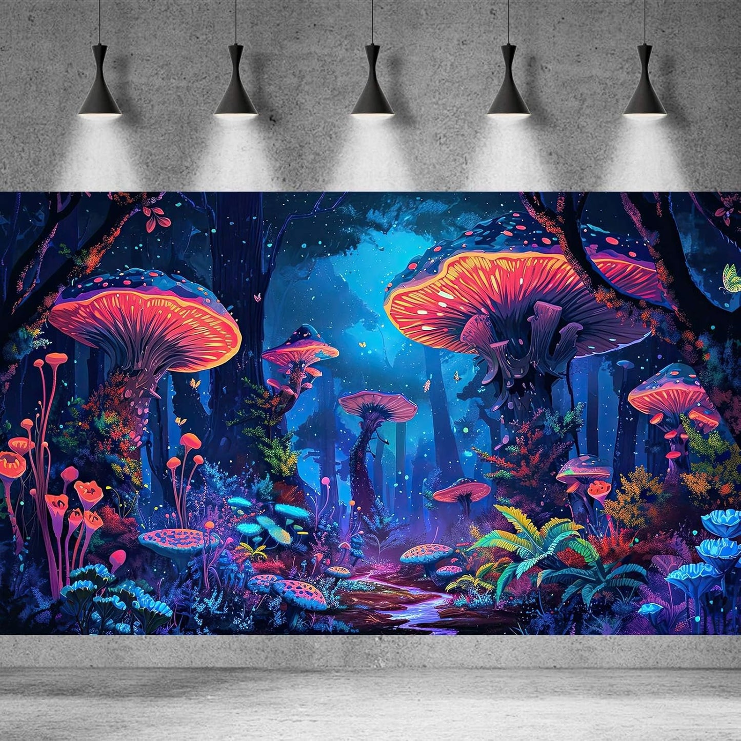 Mushrooms Aquarium Background Fantasy Bright Flowers Butterflies Fish Tank Backdrop Decoration Poster Trippy Wonderland Landscape with Giant Mystical Mushrooms Terrarium Background Decor 24x12in