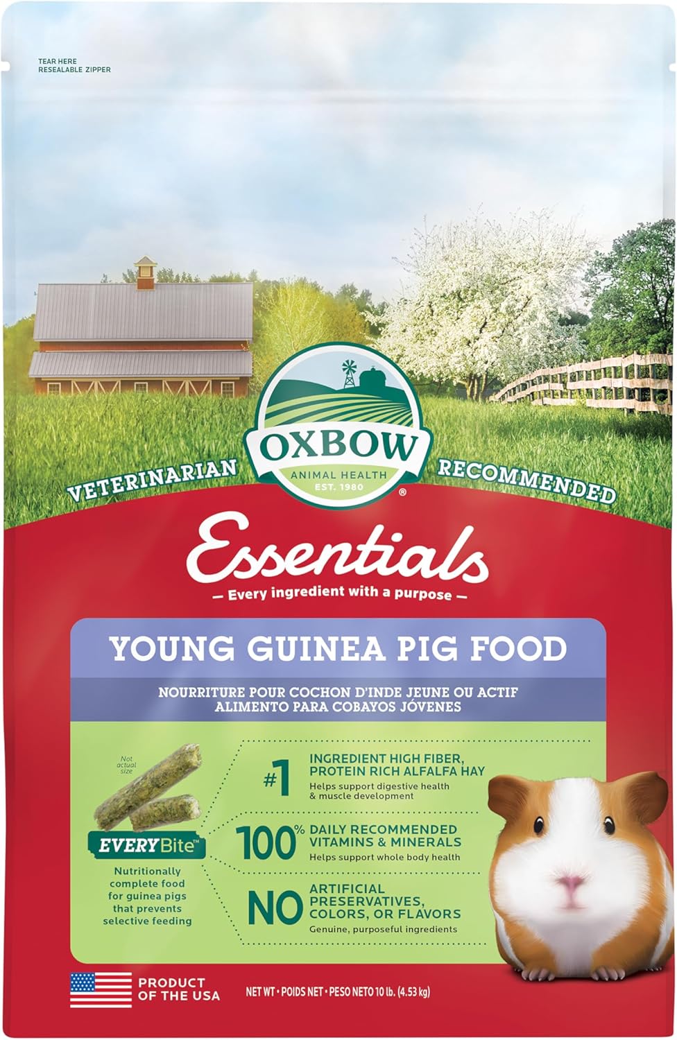 Oxbow Essentials Guinea Pig Food, Young, Made Alfalfa Hay for Guinea Pig, Pet Food Pellets with Vitamin C, Small Animal Pet Products, Made in USA, High Fiber, 10 lb. Bag