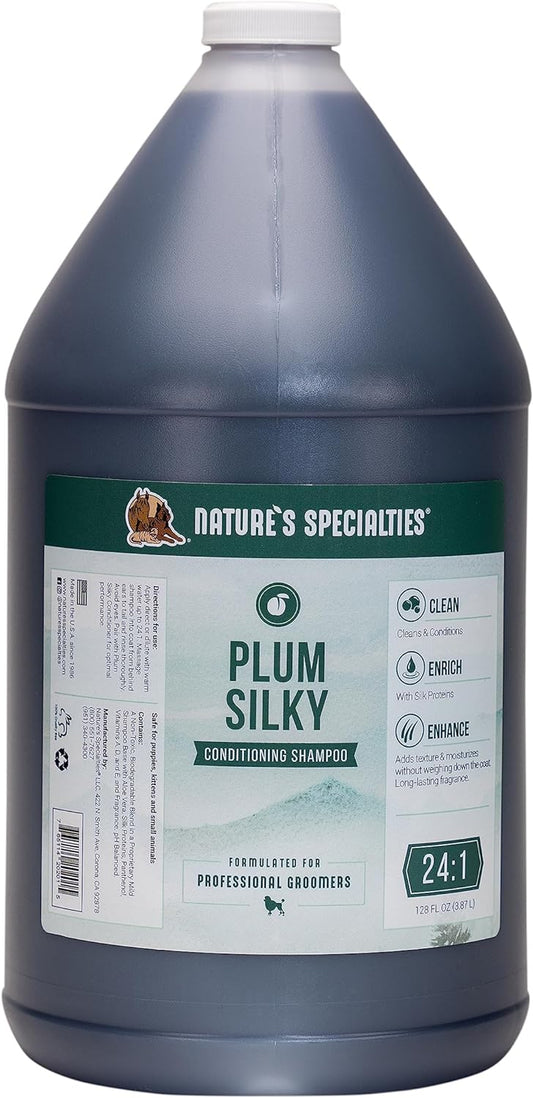 Nature's Specialties Plum Silky Ultra Concentrated Dog Shampoo Conditioner, Makes up to 24 Gallons, Natural Choice for Professional Pet Groomers, Silk Proteins, Made in USA, 1 gal