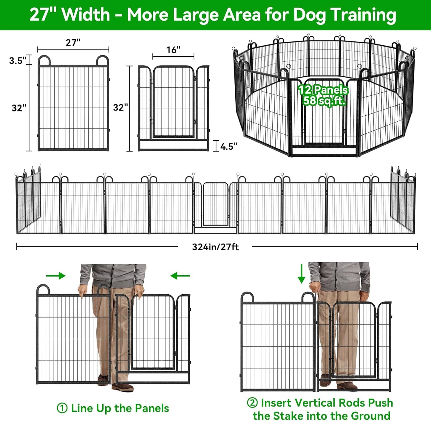 Dog Playpen Outdoor 12 Panels Heavy Duty Dog Fence 32" Height Anti-Rust with Doors Portable for RV Camping Yard, Total 27FT, 58 Sq.ft, Snowy Black