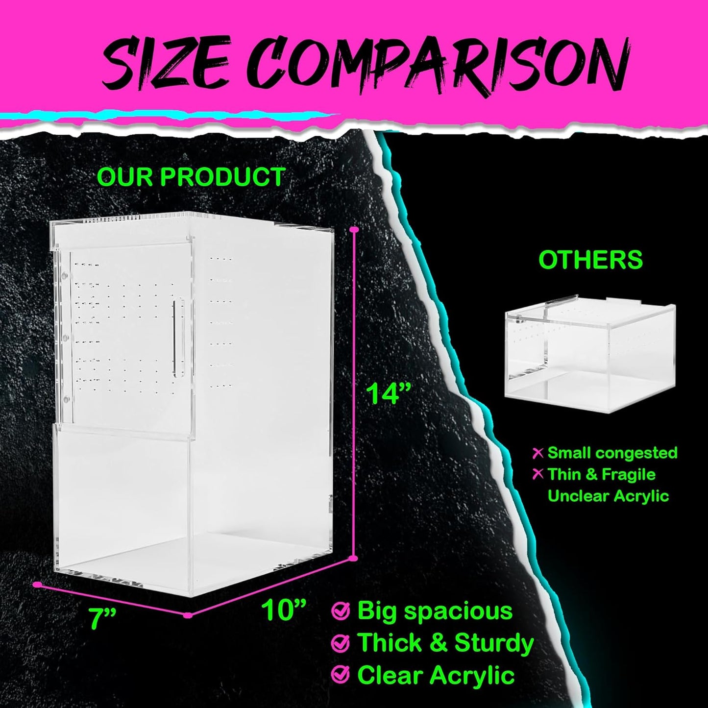 Tarantula Enclosure XL (10”x7”x14”) Reptile Terrarium w/Sliding Magnetic Door-Great Reptile Tank for Terrestrial or Arboreal Animals- Acrylic Terrarium for Juvenile or Adult Spiders- Hermit Crab Cage