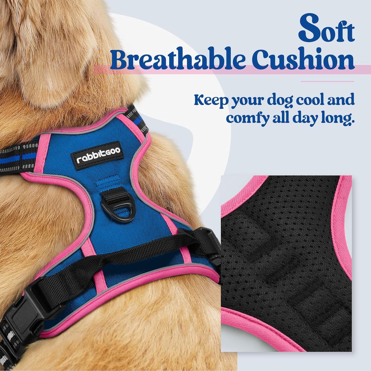 rabbitgoo Dog Harness No Pull with 2 Leash Clips, Adjustable Soft Padded, Reflective Oxford No Choke Pet Vest with Easy Control Handle for Large Dogs, Blue & Hot Pink, XL